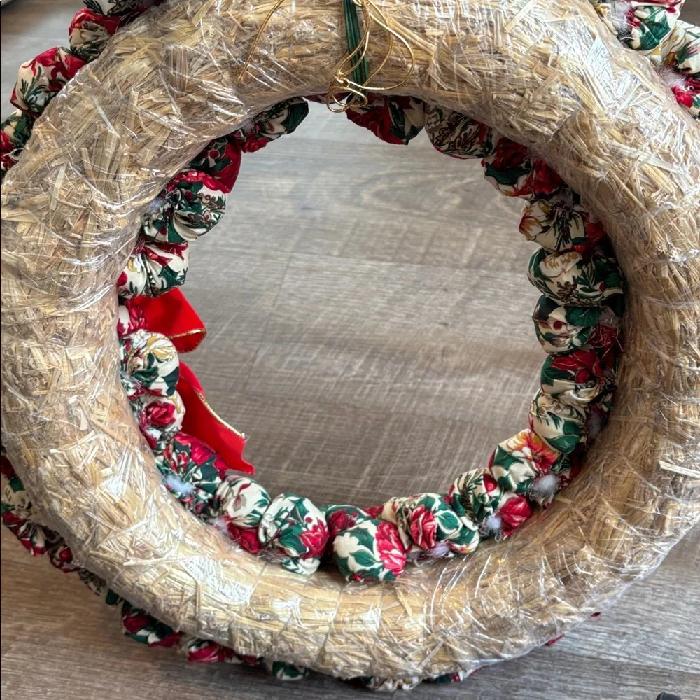 Festive Floral Holiday Wreath with Red Bow Handmade Stuffed Fabric Red 18”
